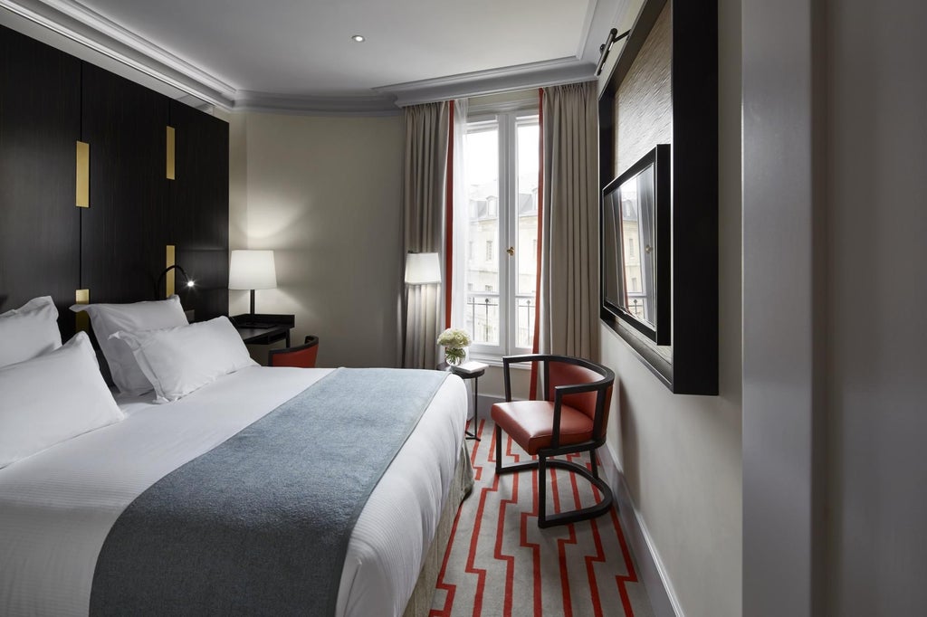 Elegant Deluxe Room at Hotel Montalembert, featuring plush white bedding, soft neutral tones, modern French design, and sophisticated minimalist decor