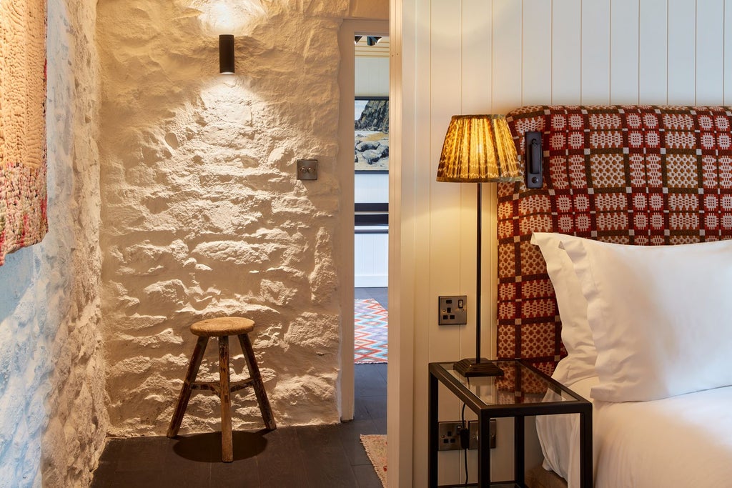 Luxurious bedroom with soft cream walls, antique wooden furniture, plush white bedding, and elegant botanical-inspired decor at Grove of Narberth hotel in Wales