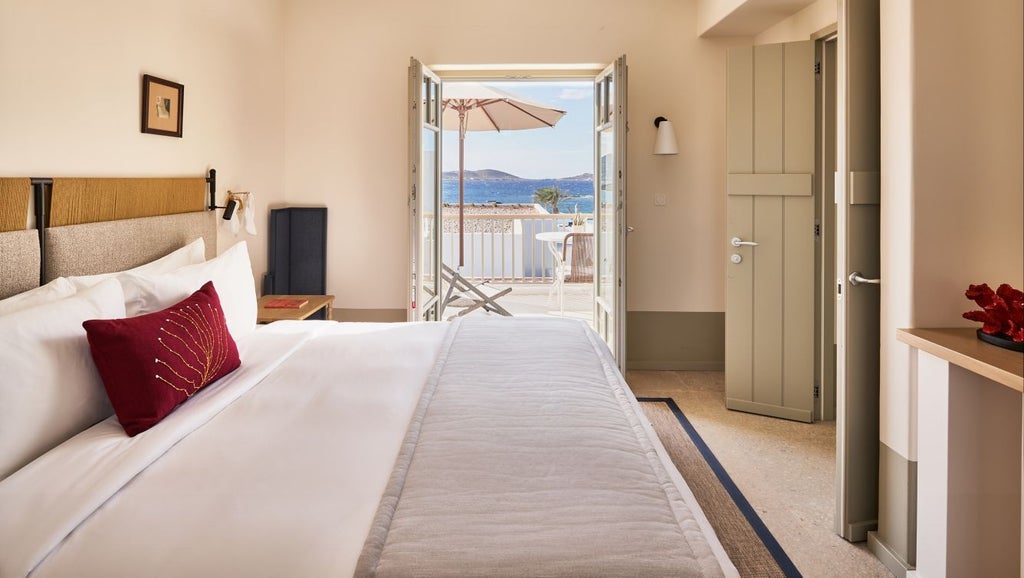 Elegant beachfront suite with private infinity pool overlooking the Aegean Sea, featuring whitewashed walls and minimalist Greek design