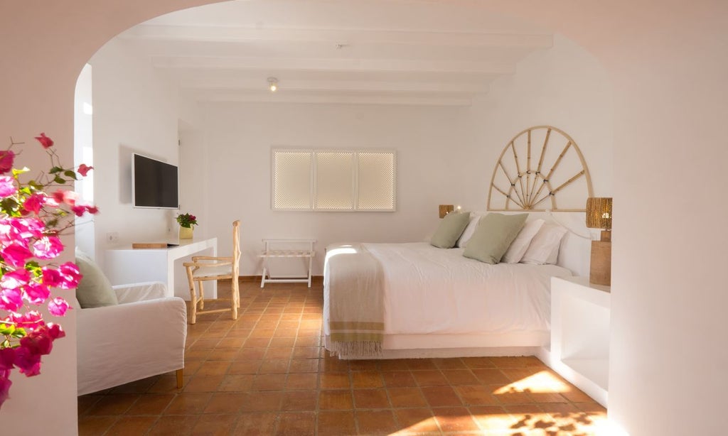 Elegant white-washed Superior Room at Octant Vila Monte with minimalist decor, crisp linens, and soft natural light overlooking Portuguese countryside landscape