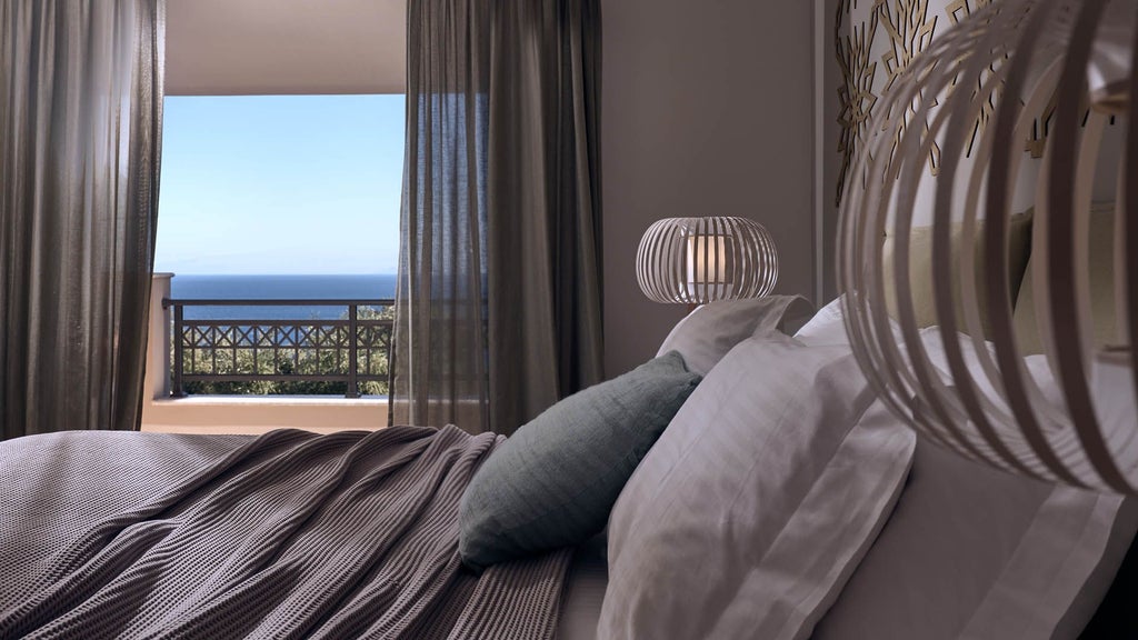 Elegant white villa bedroom with panoramic Aegean Sea view, plush king bed, minimalist decor, and traditional Greek architectural elements bathed in soft natural light