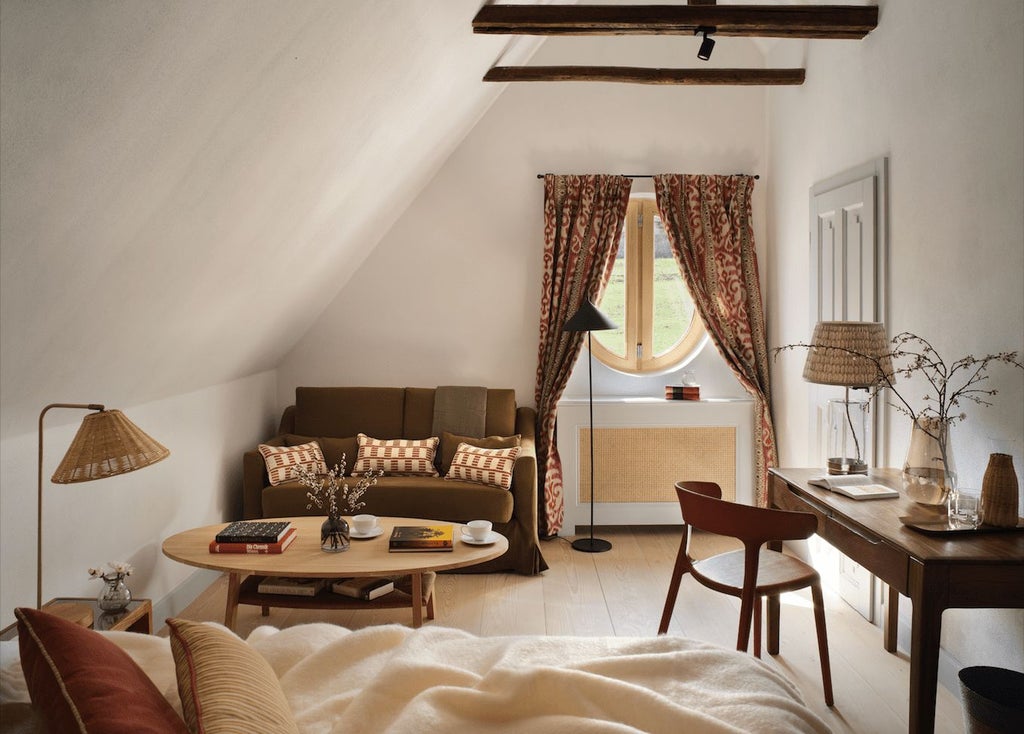 Rustic luxury corner barn suite at Bethlen Estates, featuring exposed wooden beams, plush white bedding, and large windows overlooking Transylvanian countryside