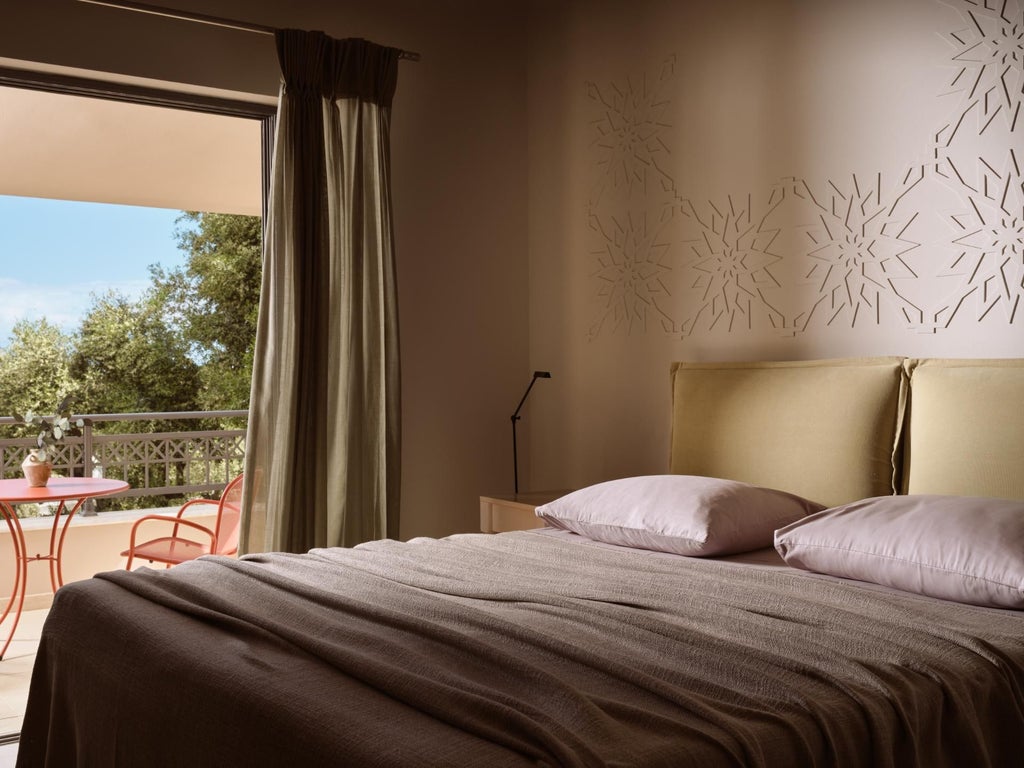 Spacious Mediterranean-style villa bedroom with white walls, elegant wooden furniture, and panoramic sea view through large glass doors at sunset