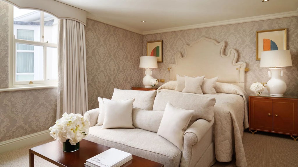 Elegant deluxe hotel room with plush king-sized bed, sophisticated decor, rich color palette, and luxurious textiles at a prestigious UK accommodation