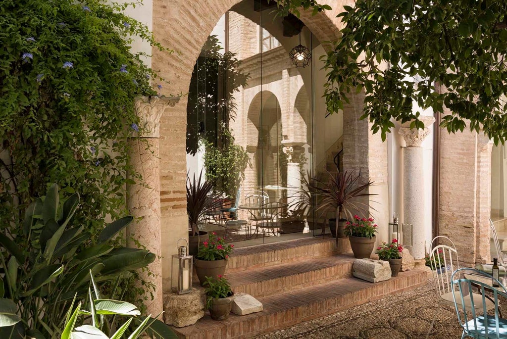 Elegant whitewashed colonial-style hotel with ornate balconies overlooking Córdoba's historic streets, featuring traditional Andalusian architectural details and lush courtyard