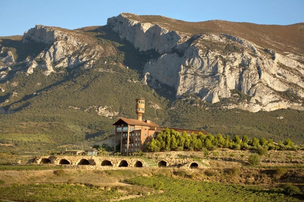 Modern luxury hotel built into Spanish hillside, featuring stone walls, dramatic archways and panoramic vineyard views at sunset