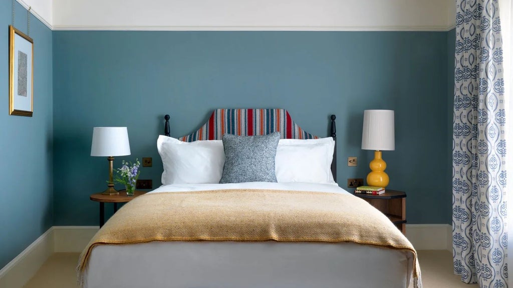 Elegant hotel bedroom with plush white bedding, rich wooden furnishings, and large windows overlooking urban scenery at University Arms, United Kingdom