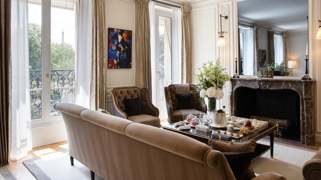 Elegant Parisian luxury suite with opulent gold and cream decor, plush king-sized bed, panoramic city views, and sophisticated classical French design elements