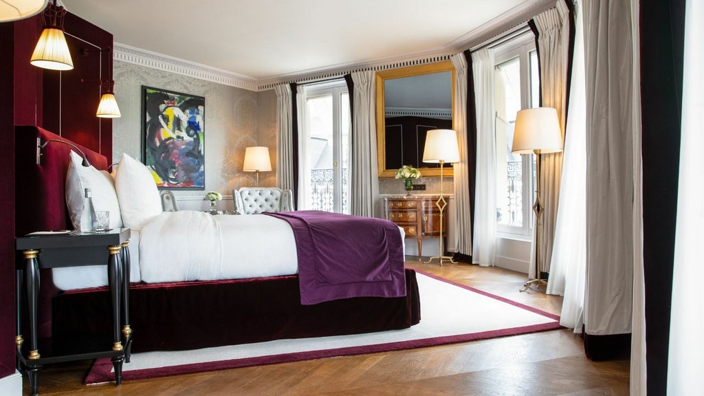 Opulent Eiffel Presidential Suite with panoramic Paris skyline, elegant neutral tones, designer furnishings, and sweeping city views through floor-to-ceiling windows