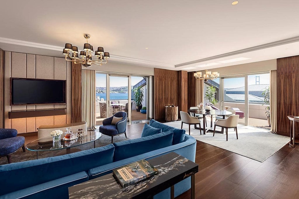 Luxurious family room at Mandarin Oriental Bosphorus with plush king and twin beds, elegant decor, and panoramic views of Istanbul's skyline