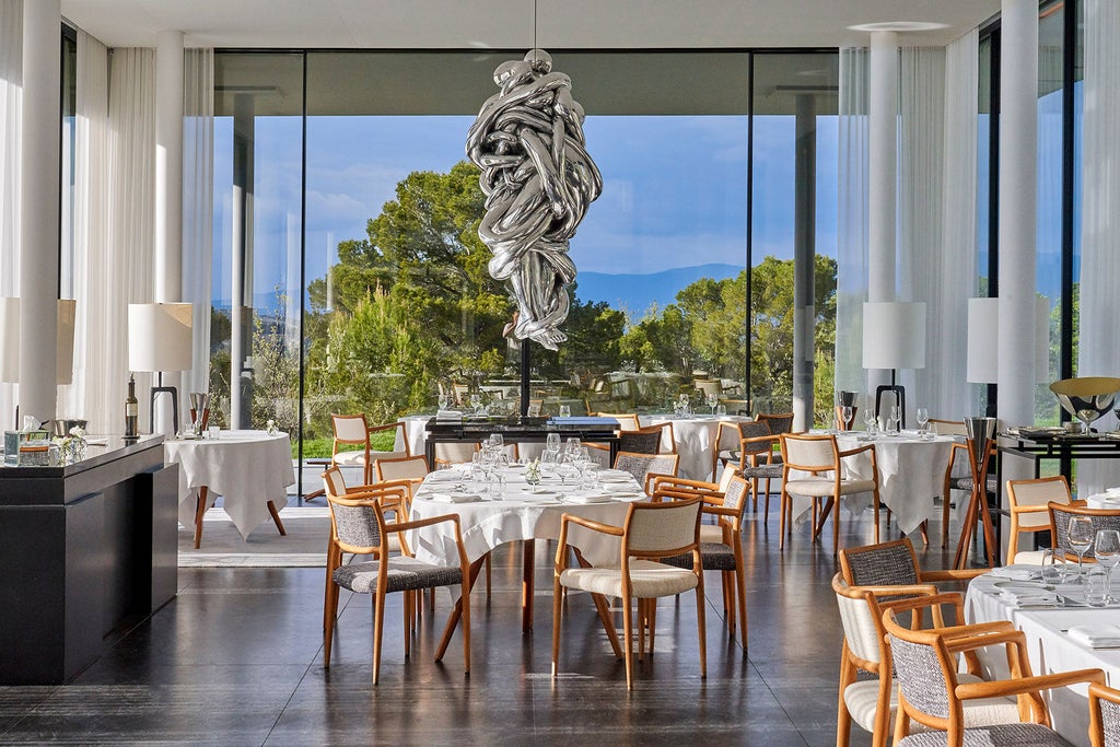 Modern, minimalist luxury villa with floor-to-ceiling windows reflecting a serene vineyard landscape in Provence, surrounded by olive trees