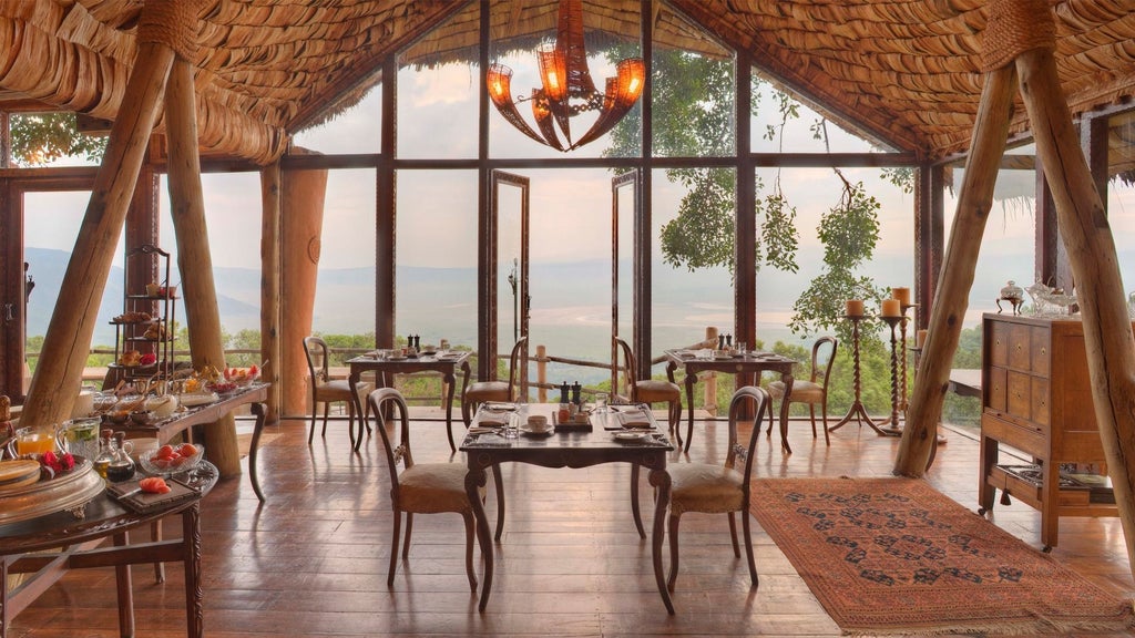 Luxurious stilted safari lodge with thatched roofs and wooden balconies overlooking the misty Ngorongoro Crater in Tanzania