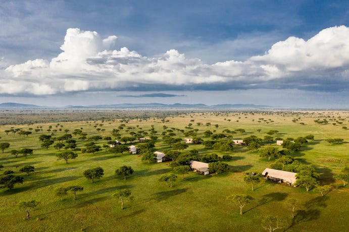 An aerial view of the Singita Sabora camp