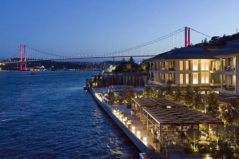 Luxurious Mandarin Oriental hotel overlooking the Bosphorus, with elegant modern architecture, pristine pool, and Istanbul's stunning waterfront landscape