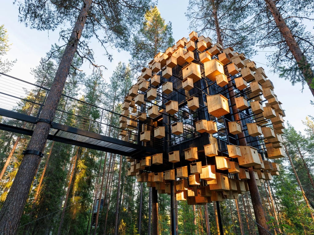 Modern, mirrored treehouse suspended among pine trees in Swedish forest, reflecting surrounding landscape with sleek, minimalist architectural design at luxury eco-resort