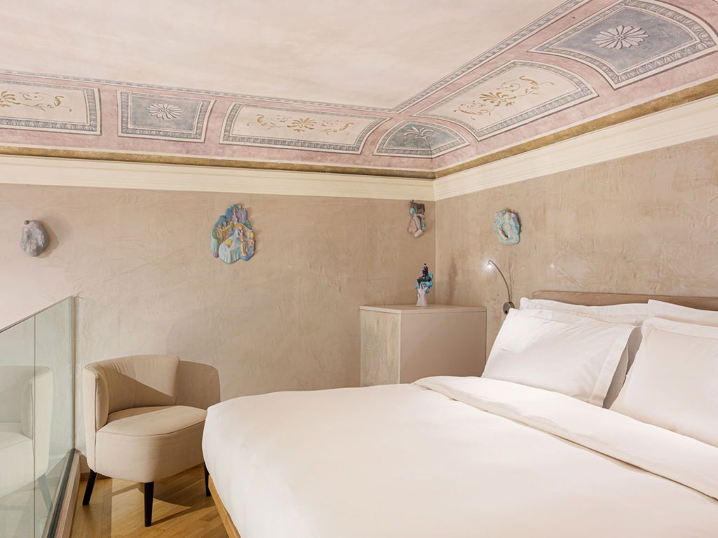 Elegant Milanese deluxe hotel room with contemporary design, rich wood furnishings, city view, and sophisticated minimalist architectural elements