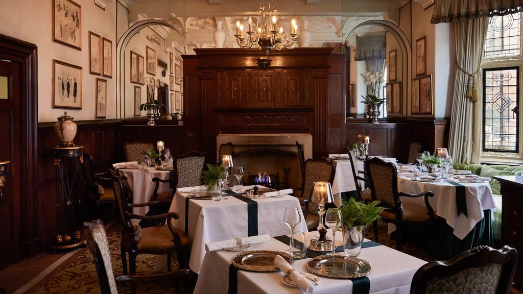 Luxurious Victorian-style facade of scenset hotel near Hyde Park, featuring elegant cream exterior with ornate architectural details and lush greenery