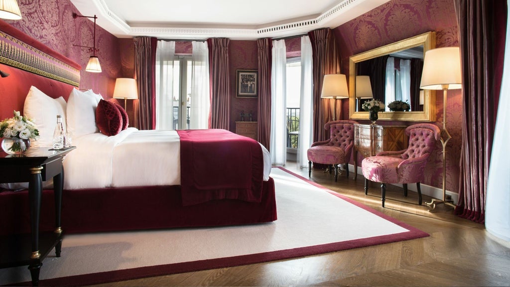 Elegant Parisian suite with soft neutral tones, plush king bed, marble bathroom, floor-to-ceiling windows overlooking city skyline at La Réserve Hotel