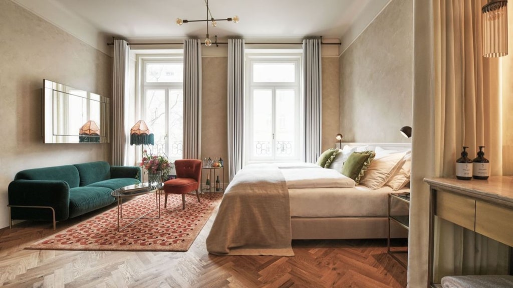 Modern Austrian luxury hotel room with elegant dark wood furnishings, plush white bedding, and floor-to-ceiling windows overlooking alpine landscape