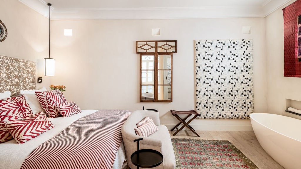 Elegant Junior Suite with draped four-poster bed, antique furnishings, exposed wooden beams, and marble bathroom in historic Seville hotel