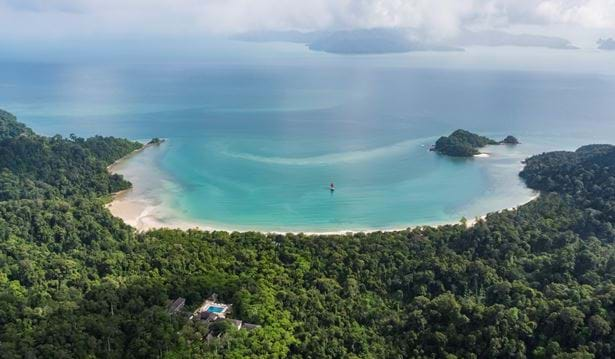 Luxurious rainforest resort villa nestled among ancient trees with private pool, wooden deck, and lush tropical landscaping in Langkawi