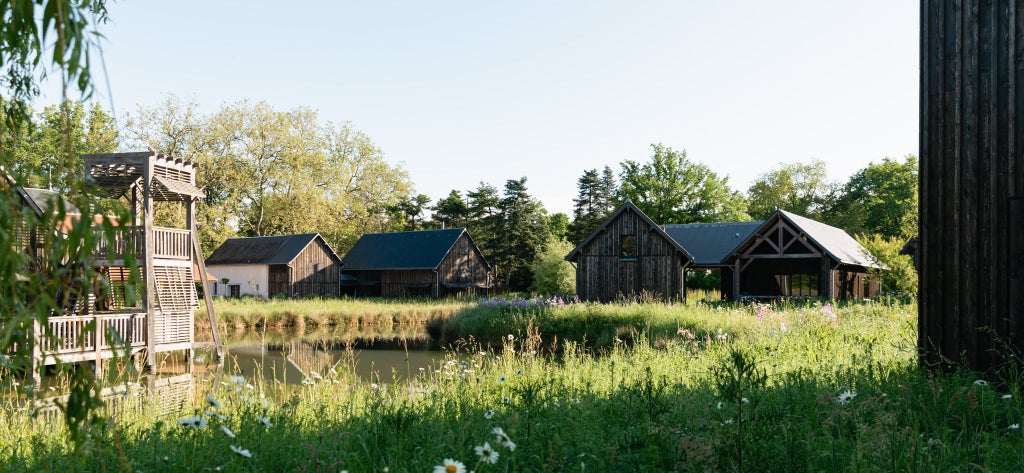 Elegant French château-style hotel nestled in lush green landscape, golden sunlight illuminating stone facade and manicured gardens of Les Sources de Cheverny