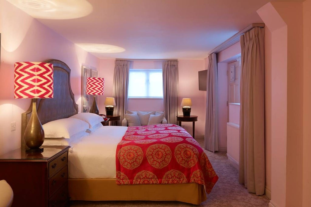 Luxurious king room in scenic United Kingdom hotel with modern design, plush bedding, elegant wooden furnishings, and warm ambient lighting creating a tranquil retreat.