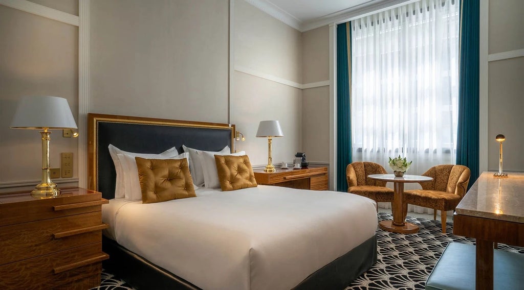 Elegant executive hotel room at Le Monumental Palace, Porto, featuring modern decor, plush bed, and expansive city skyline through large window