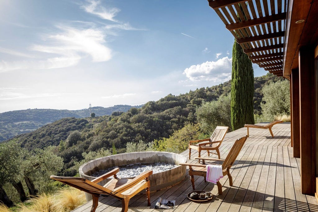 Luxurious Tuscan spa suite with rustic stone walls, elegant four-poster bed, and panoramic views of rolling Italian countryside at sunset