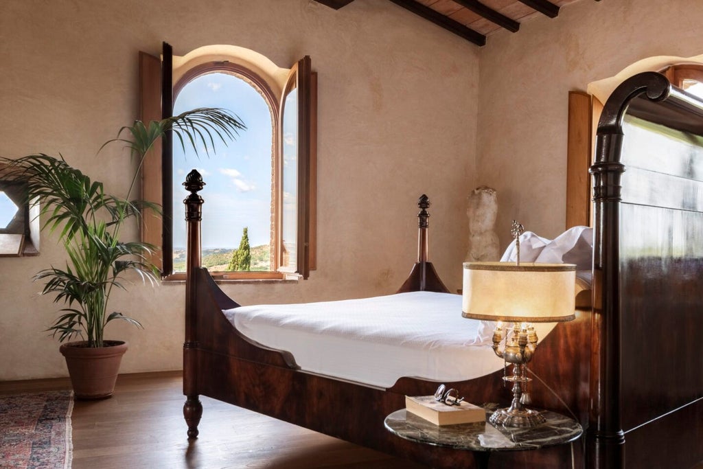 Rustic-chic suite with stone walls, elegant wooden furnishings, and panoramic Tuscan countryside views from a luxurious medieval castle tower window.