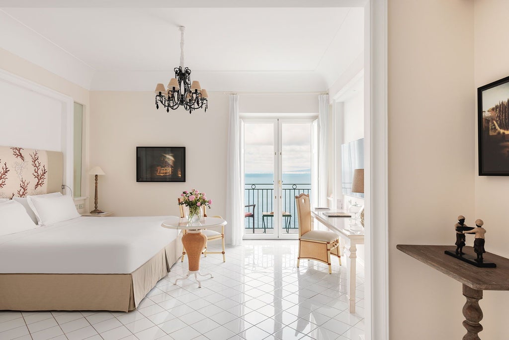 Luxurious suite overlooking Sorrento's coastline, featuring elegant marble floors, ornate antique furnishings, and expansive Mediterranean Sea panorama through arched windows