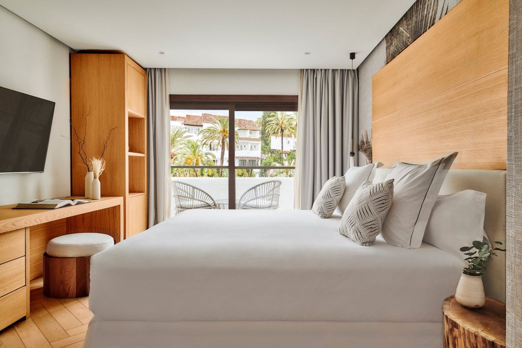 Luxurious Nobu Hotel Marbella deluxe room with elegant white bedding, minimalist design, and sweeping coastal view through floor-to-ceiling windows