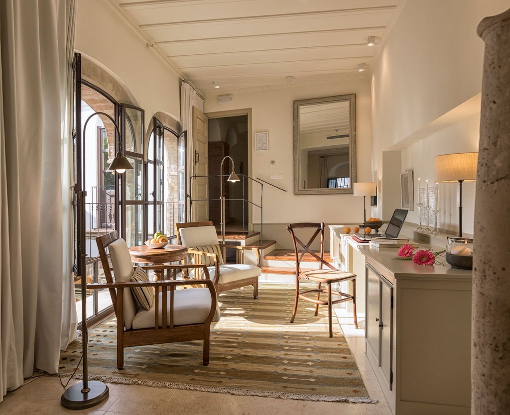 Elegant whitewashed Spanish colonial-style hotel with ornate balconies, traditional archways, and lush courtyard in historic Córdoba's heart at golden hour