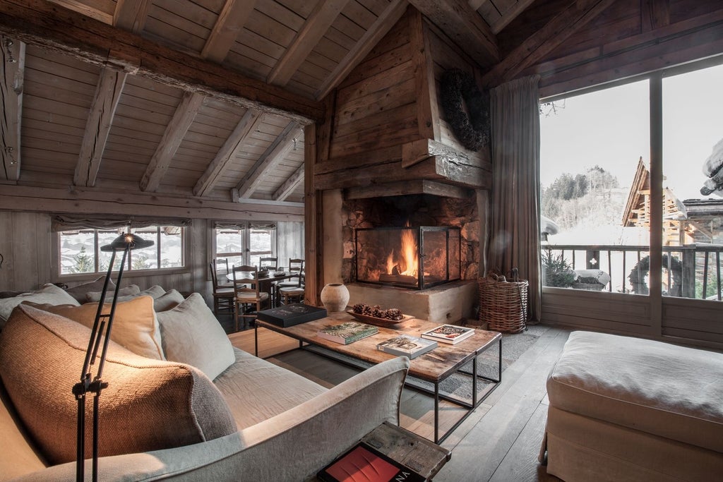 Luxurious alpine chalet with snow-covered pine trees, warm wooden interiors, and elegant rustic furnishings in the French mountain landscape