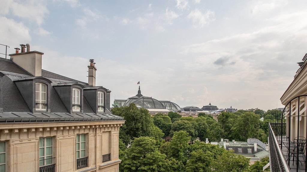 Elegant Parisian luxury hotel exterior with neoclassical architecture, manicured garden, and soft evening lighting, showcasing refined French hospitality.