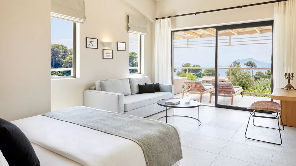 Luxurious interconnected suite with private hot tub overlooking azure Aegean waters at ELIVI Skiathos, showcasing modern Greek island hospitality design