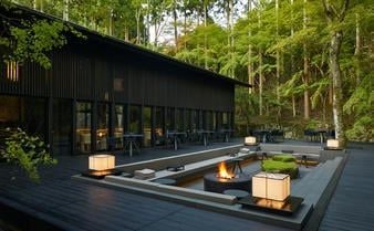 Traditional Japanese wooden pavilion nestled in a lush forest, featuring minimalist architecture, stone pathways, and zen garden elements