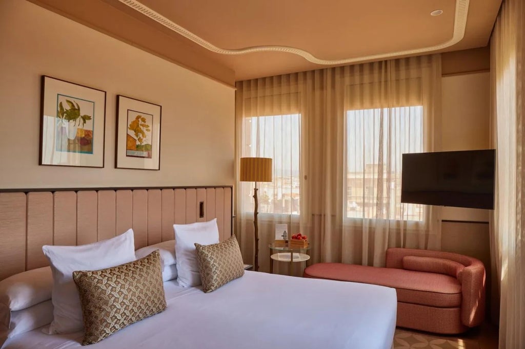 Luxurious deluxe corner hotel room at Grand Hotel Central, featuring panoramic city views, modern minimalist design, and elegant Barcelona architectural touches