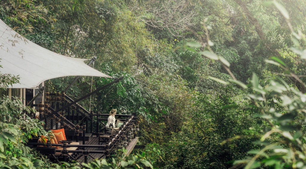 Luxurious safari-style tent with bamboo walls, hardwood floors, four-poster bed, and elegant furnishings overlooking jungle canopy