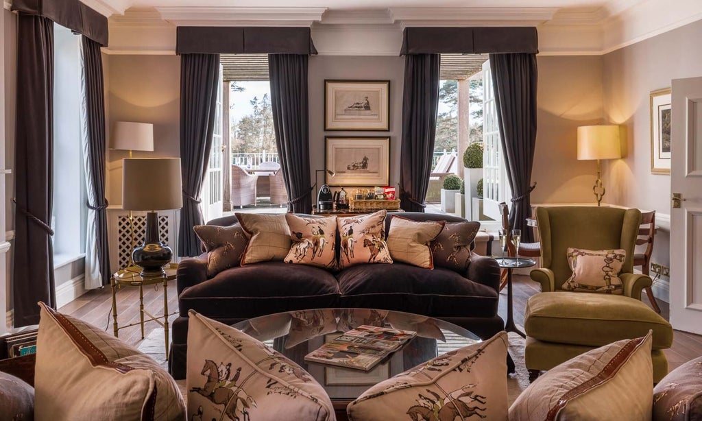 Luxurious suite at Chewton Glen Hotel & Spa with elegant wooden furnishings, plush king bed, and expansive windows overlooking lush countryside in United Kingdom