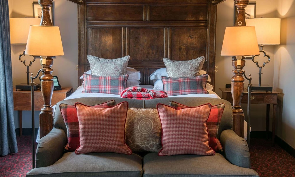 Elegant four-poster bed in a luxurious cream-colored suite at The Lygon Arms, featuring traditional British countryside decor and soft natural lighting.