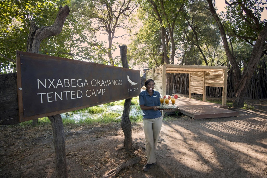 Elevated luxury safari tent overlooking Okavango Delta wetlands with private deck, canvas walls and thatched roof at sunset