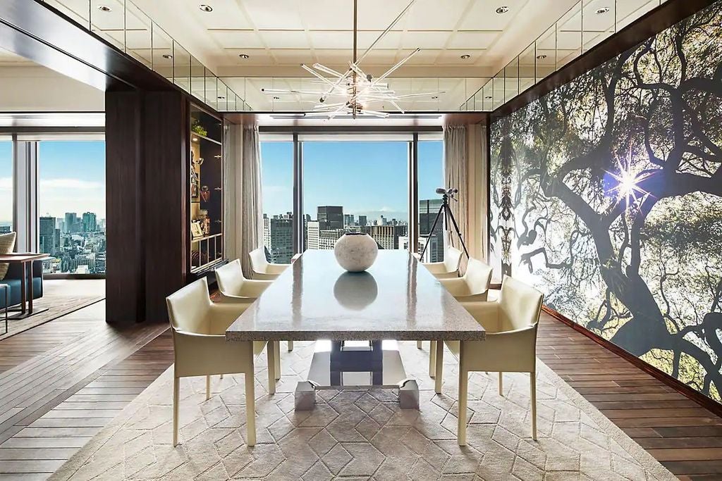 Luxurious presidential suite with floor-to-ceiling windows offering panoramic Tokyo views, elegant furnishings and modern Asian decor