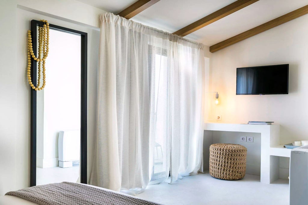 Elegant superior double room with side sea view, featuring crisp white linens, modern decor, and panoramic glimpse of Kefalonian coastline through large window