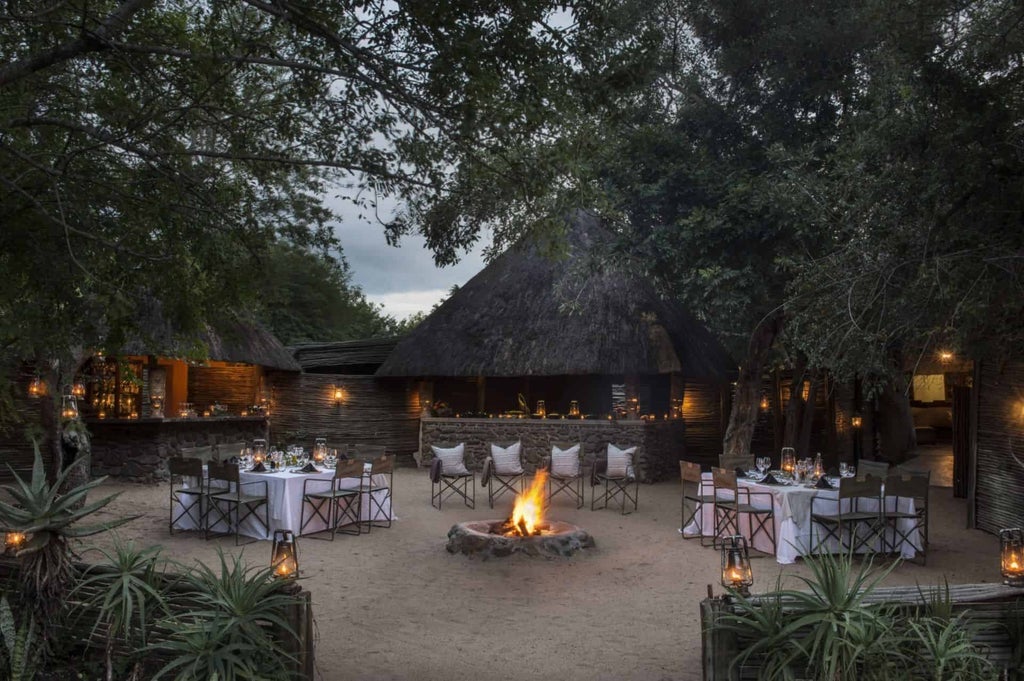 Elegant safari lodge with thatched roof and wooden deck overlooking vast African savanna, featuring plush outdoor seating at sunset