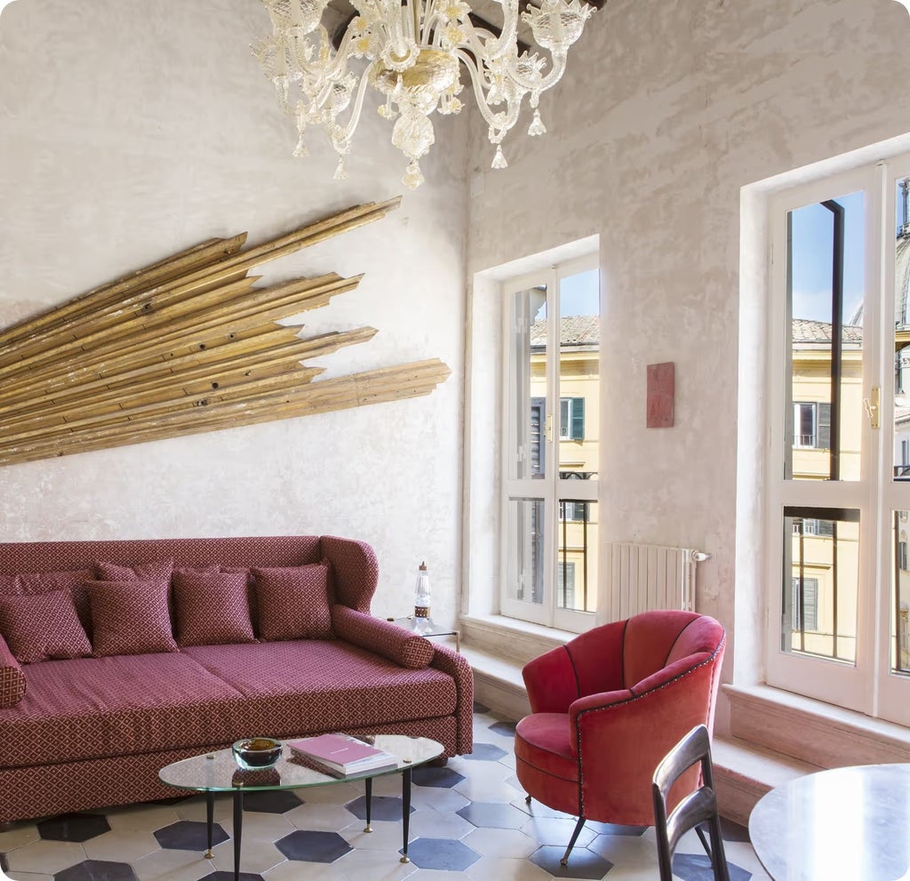 Luxurious boutique hotel suite in Rome with vintage designer furniture, exposed brick walls, and elegant minimalist decor showcasing Italian architectural heritage