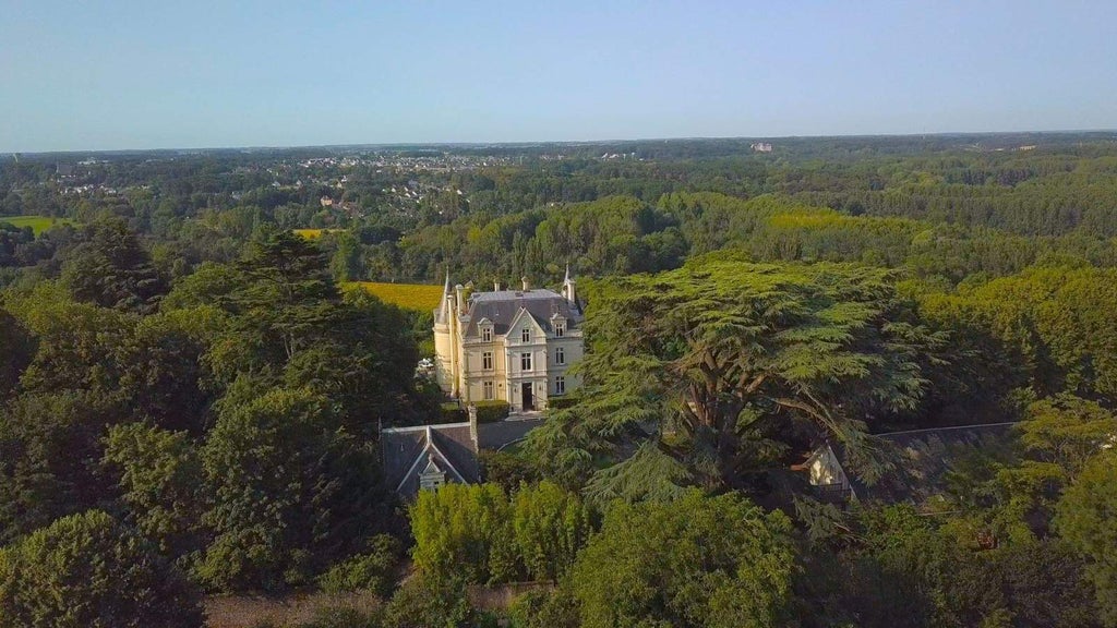 Elegant French château with stone facade and manicured gardens, surrounded by lush trees and featuring ornate period architecture