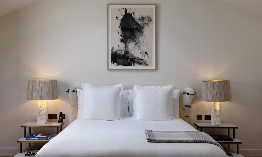 Elegant J.K. Junior suite in Paris with plush white bedding, refined neutral decor, designer furnishings, and soft natural lighting from large windows