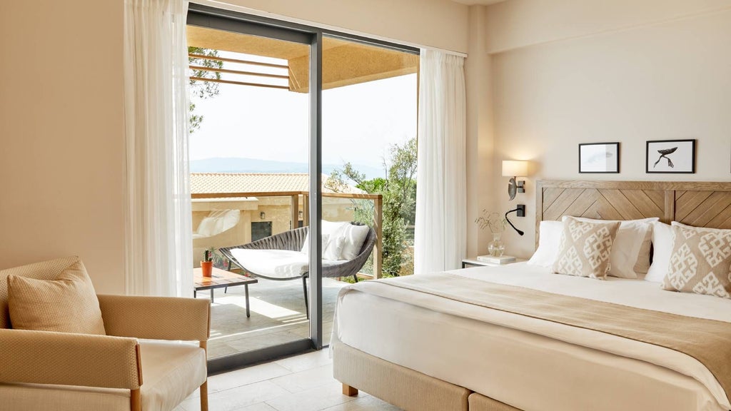 Luxurious premium suite with private hot tub overlooking azure Aegean waters, featuring elegant white decor and minimalist Greek island design aesthetic