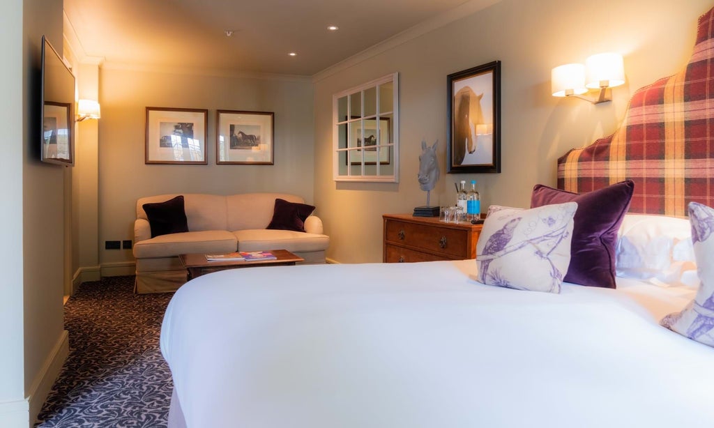 Elegant traditional courtyard room at historic Lygon Arms hotel, featuring soft neutral decor, period furnishings, and warm wooden flooring in scenic United Kingdom setting